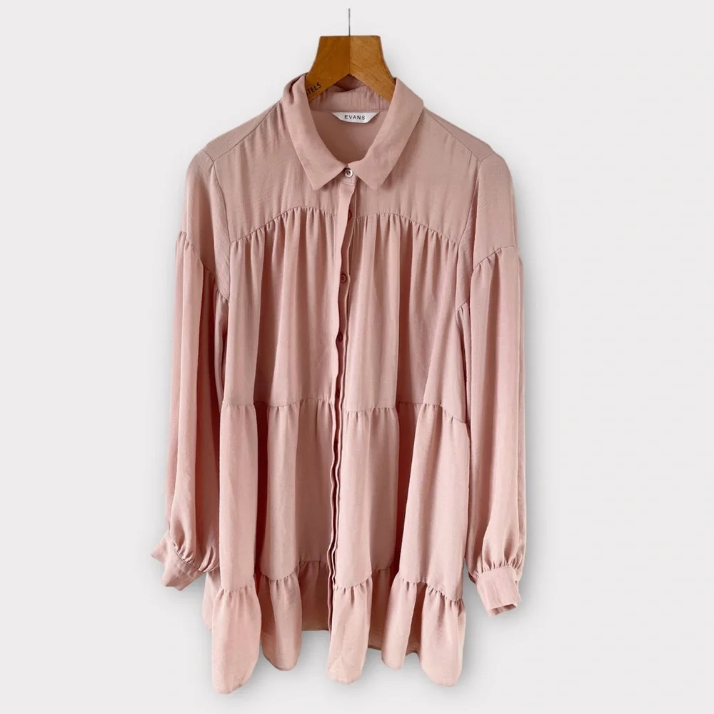 Evans Tiered Shirt Blouse Top Tunic Fit Plus Size 20 Pink Blush Long Sleeve - Picture 1 of 9